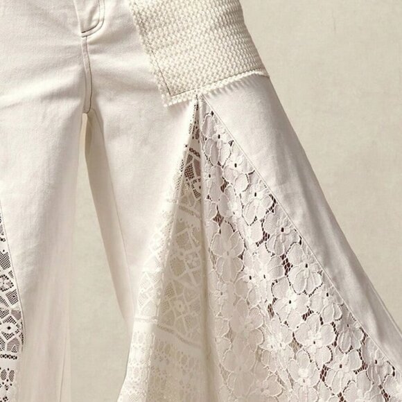White Casual Women's Boho Bohemian Style Patchwork Mid-Waist Flare Pants - Picture 9 of 14
